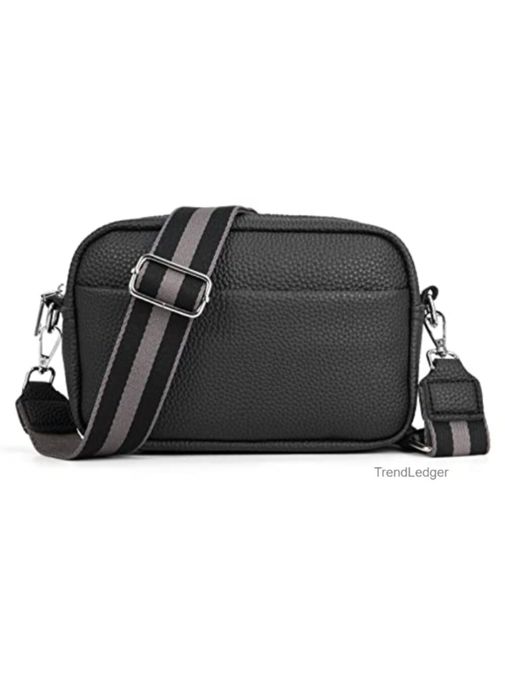 Camera Crossbody Bag Pebbled Leather Wide Striped Strap Zip